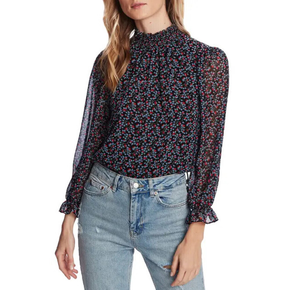 1.State Floral Smocked Mock Neck Blouse Neo Renaissance Black Multi Size XS $89